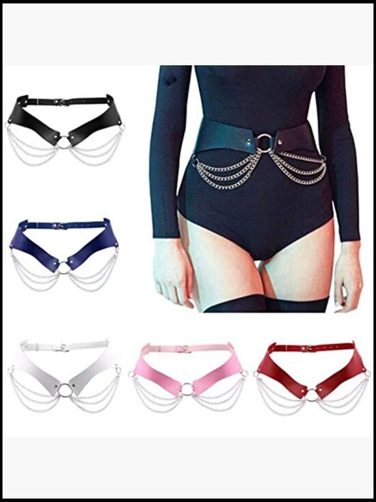 Faux Leather Punk Chain Belt Adjustable Waist Cincher Layered Goth Body main image 4